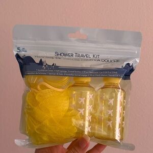 Yellow Travel Shower Kit with Bottles and Sponge